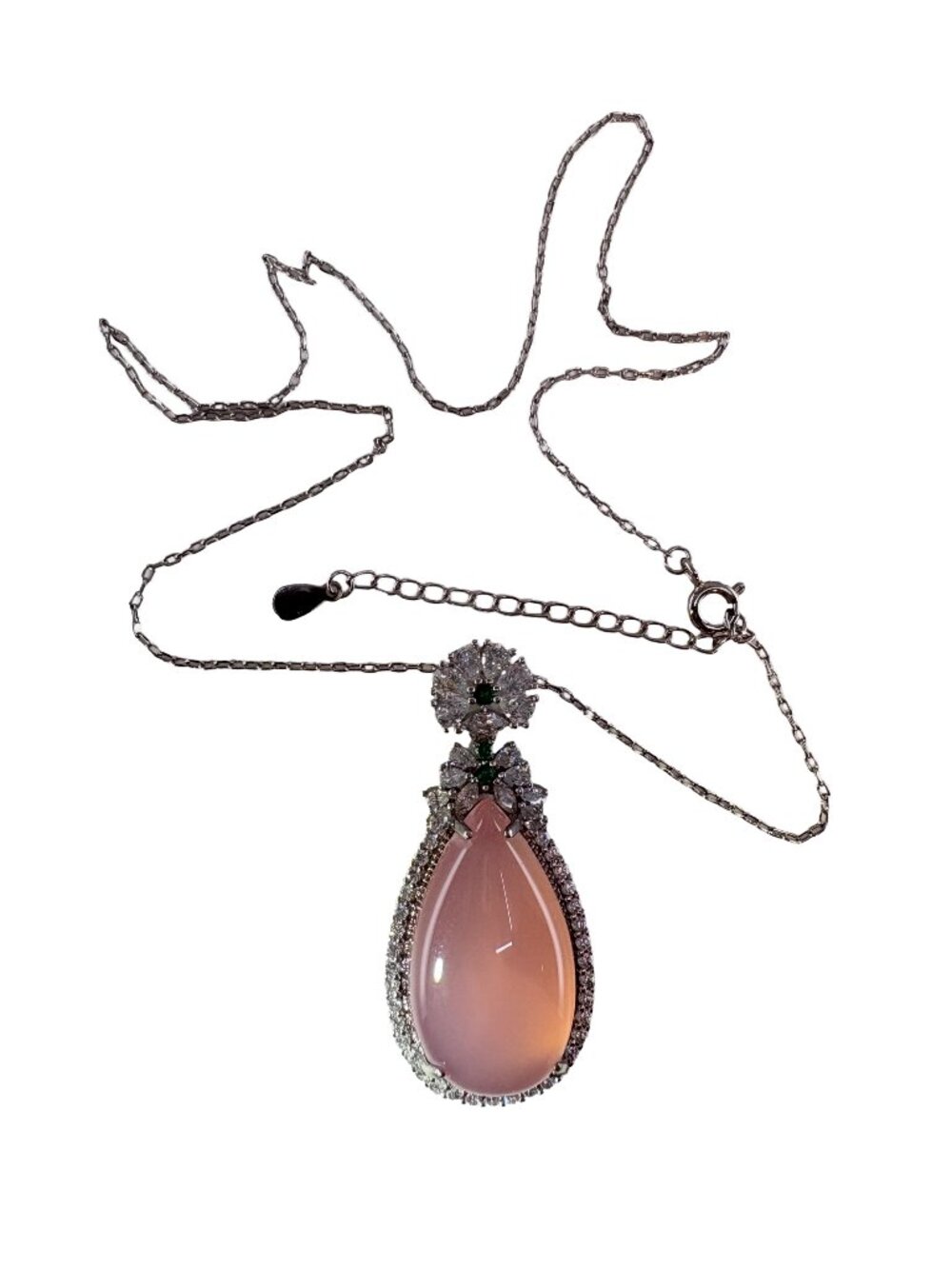 Rhodium Plated Pink Chalcedony Teardrop Pendant Necklace CZ 16+1.5" 13.35g